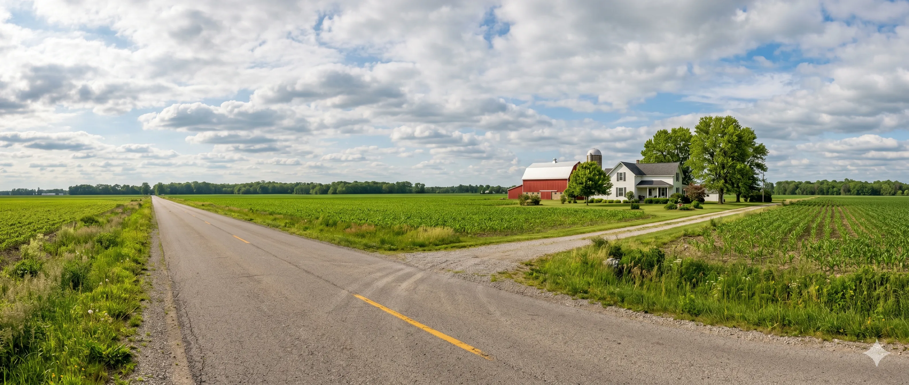 A panoramic rural Hancock County, Indiana scene — country road, white farmhouse, red barn, flat farmland under a big midwestern sky