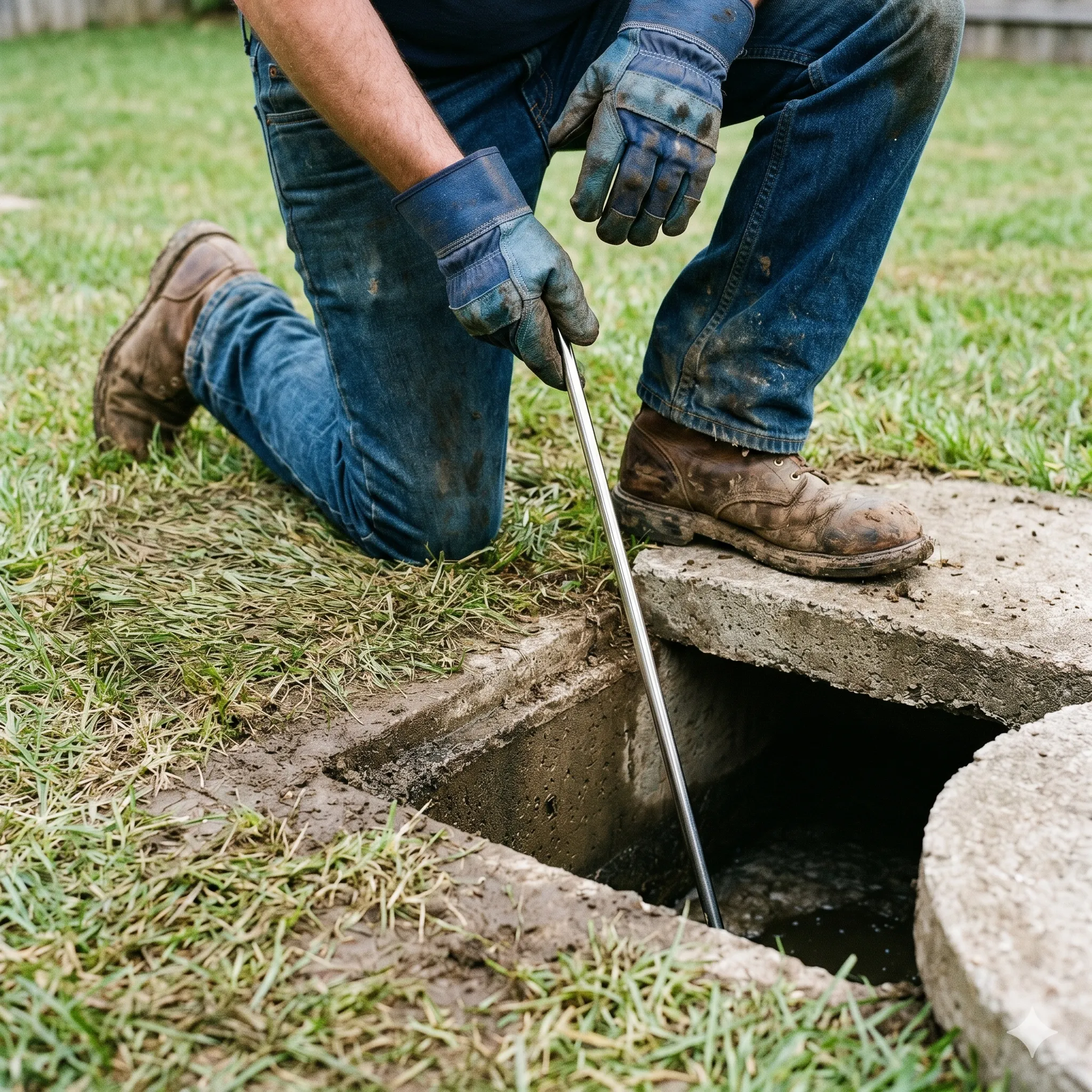 A septic technician kneeling beside an open tank access, gloved hands holding a stainless steel inspection rod